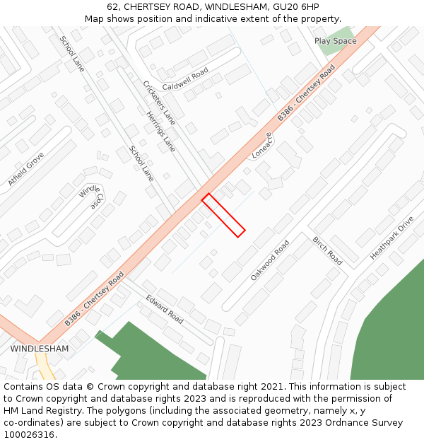 62, CHERTSEY ROAD, WINDLESHAM, GU20 6HP: Location map and indicative extent of plot