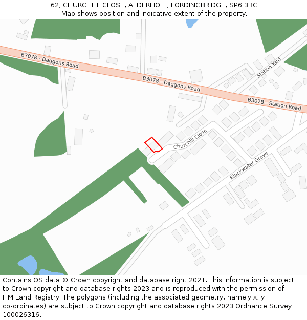 62, CHURCHILL CLOSE, ALDERHOLT, FORDINGBRIDGE, SP6 3BG: Location map and indicative extent of plot