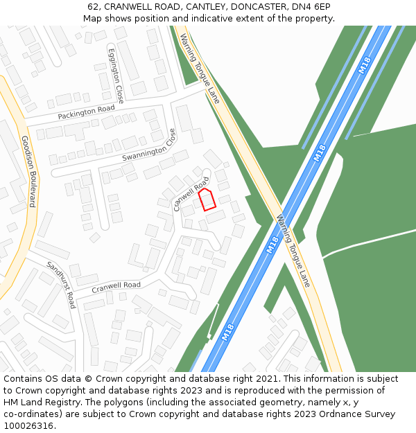 62, CRANWELL ROAD, CANTLEY, DONCASTER, DN4 6EP: Location map and indicative extent of plot