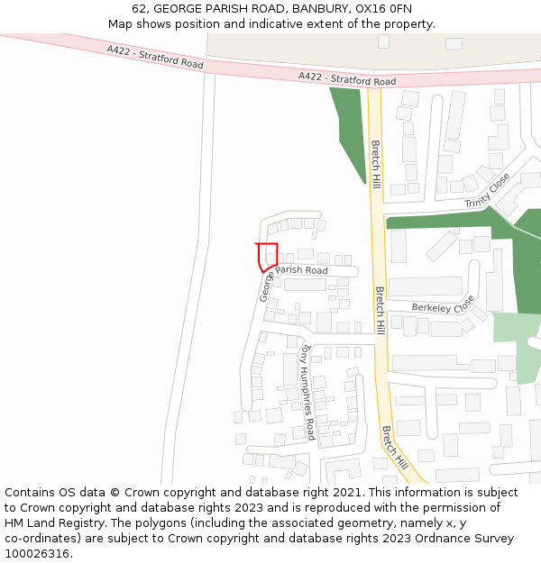62, GEORGE PARISH ROAD, BANBURY, OX16 0FN: Location map and indicative extent of plot