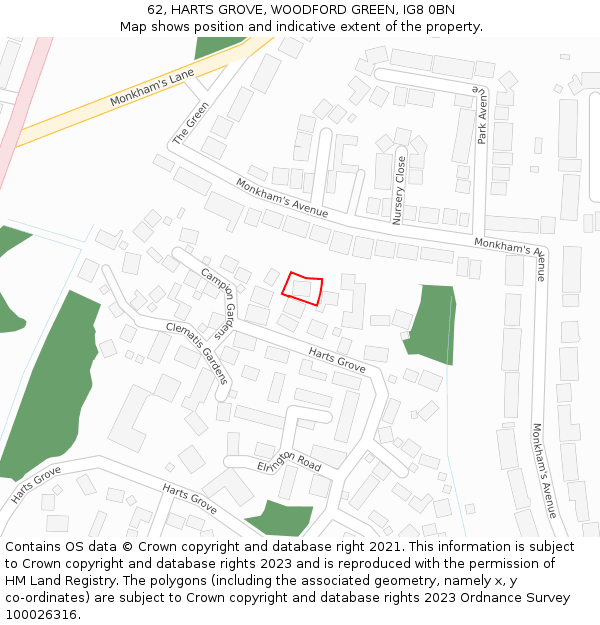 62, HARTS GROVE, WOODFORD GREEN, IG8 0BN: Location map and indicative extent of plot