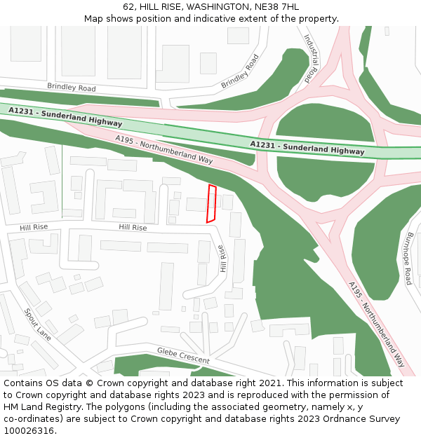 62, HILL RISE, WASHINGTON, NE38 7HL: Location map and indicative extent of plot