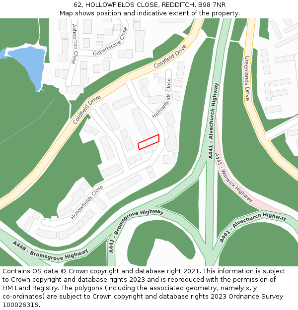 62, HOLLOWFIELDS CLOSE, REDDITCH, B98 7NR: Location map and indicative extent of plot