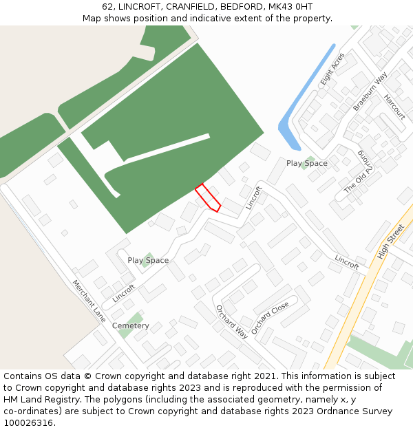 62, LINCROFT, CRANFIELD, BEDFORD, MK43 0HT: Location map and indicative extent of plot