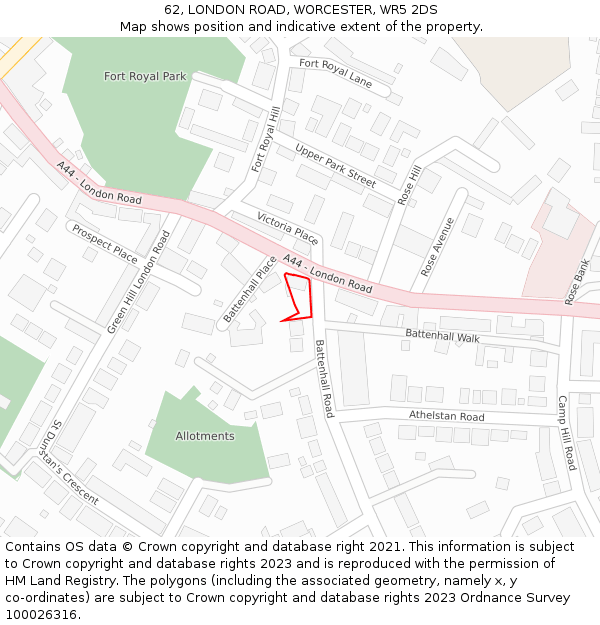 62, LONDON ROAD, WORCESTER, WR5 2DS: Location map and indicative extent of plot
