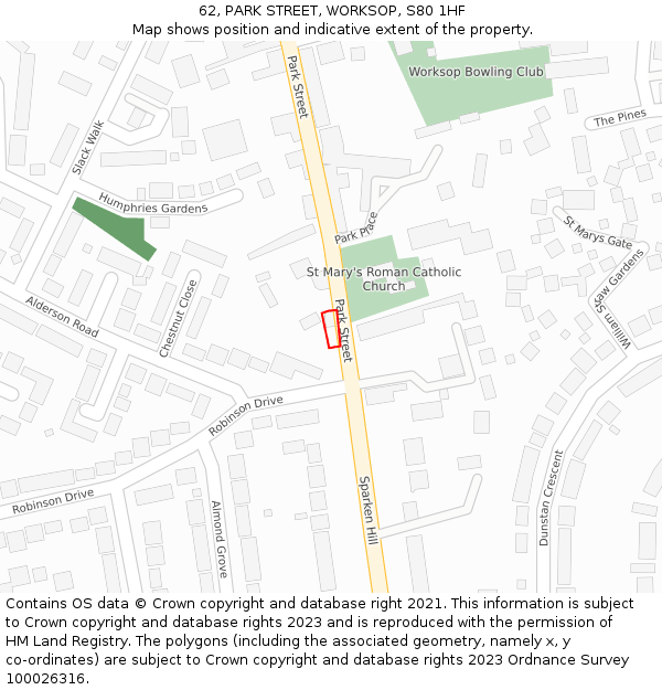 62, PARK STREET, WORKSOP, S80 1HF: Location map and indicative extent of plot