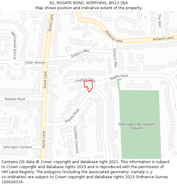 62, ROGATE ROAD, WORTHING, BN13 2EA: Location map and indicative extent of plot