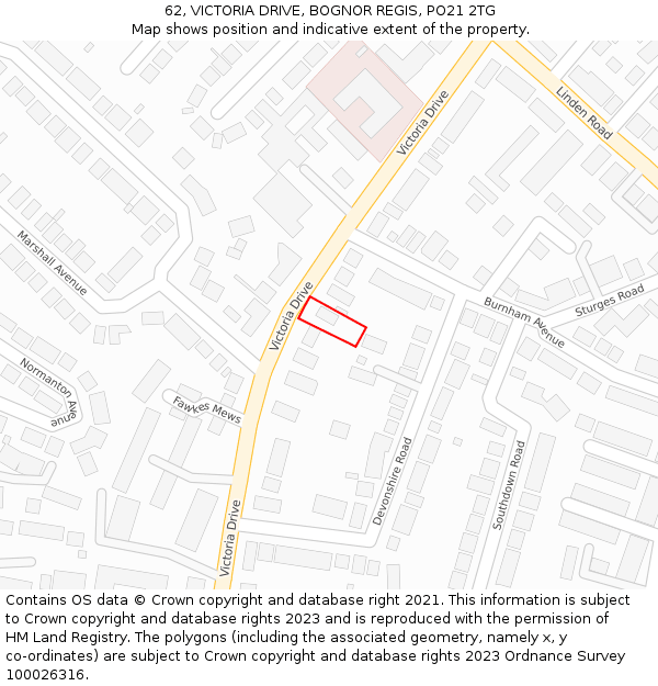 62, VICTORIA DRIVE, BOGNOR REGIS, PO21 2TG: Location map and indicative extent of plot