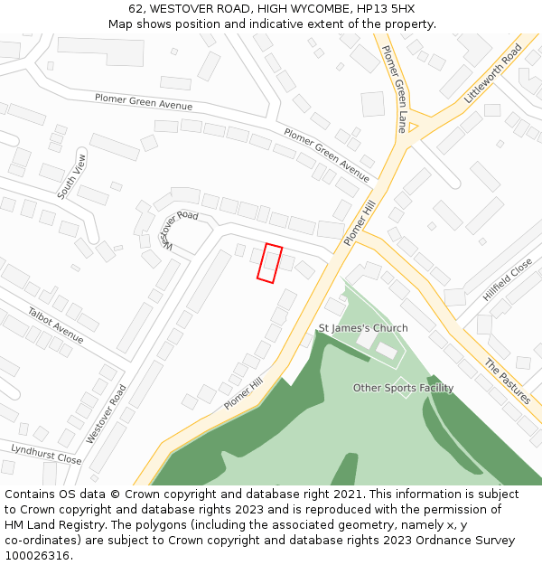 62, WESTOVER ROAD, HIGH WYCOMBE, HP13 5HX: Location map and indicative extent of plot