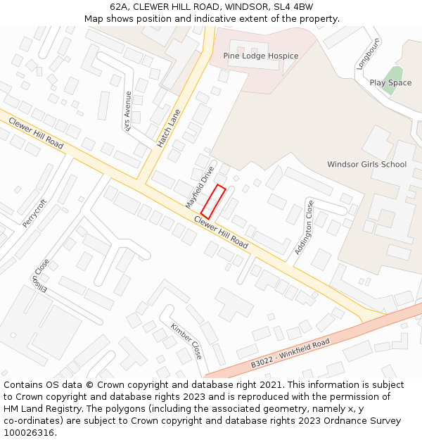 62A, CLEWER HILL ROAD, WINDSOR, SL4 4BW: Location map and indicative extent of plot