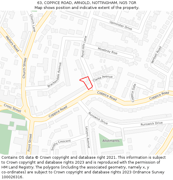 63, COPPICE ROAD, ARNOLD, NOTTINGHAM, NG5 7GR: Location map and indicative extent of plot