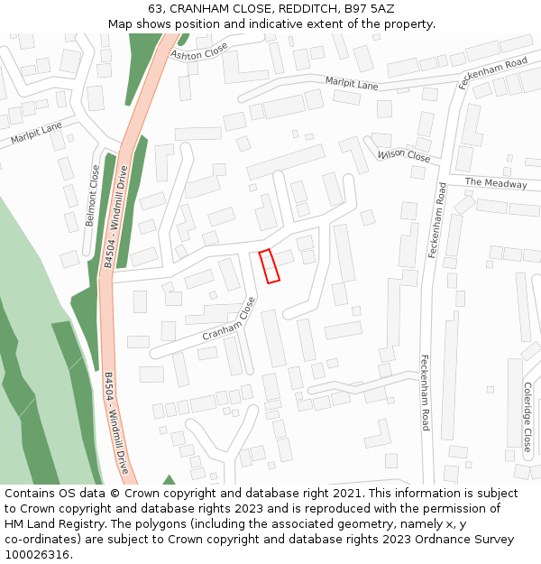 63, CRANHAM CLOSE, REDDITCH, B97 5AZ: Location map and indicative extent of plot