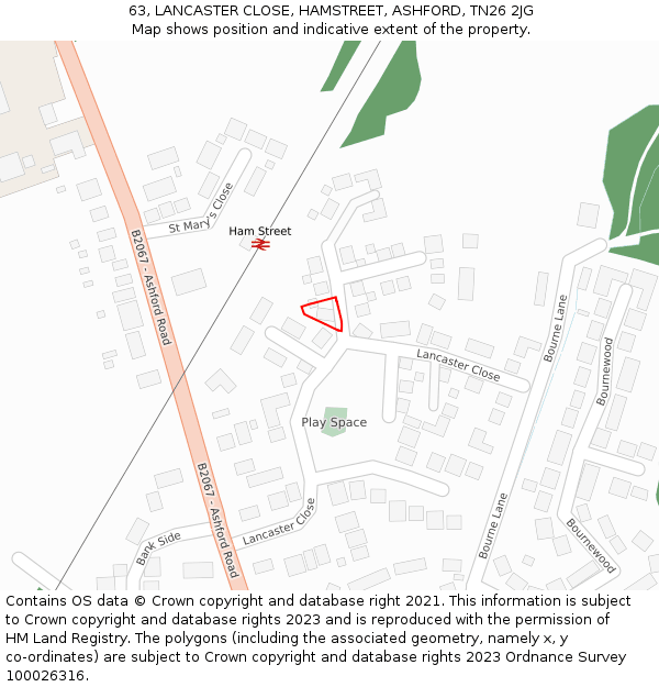 63, LANCASTER CLOSE, HAMSTREET, ASHFORD, TN26 2JG: Location map and indicative extent of plot