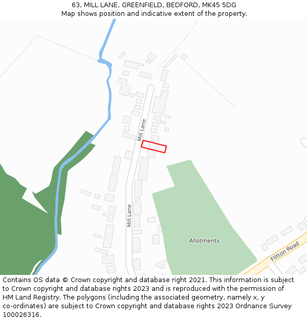 63, MILL LANE, GREENFIELD, BEDFORD, MK45 5DG: Location map and indicative extent of plot