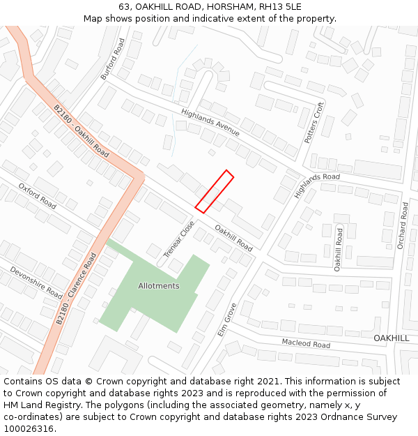 63, OAKHILL ROAD, HORSHAM, RH13 5LE: Location map and indicative extent of plot