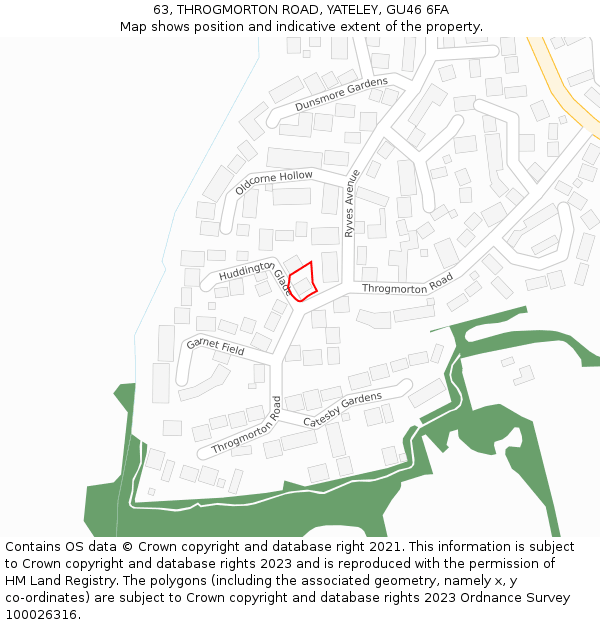 63, THROGMORTON ROAD, YATELEY, GU46 6FA: Location map and indicative extent of plot