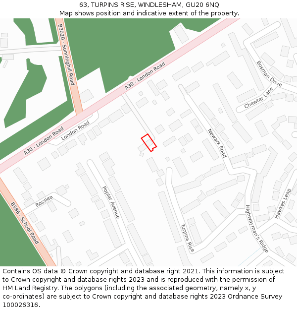 63, TURPINS RISE, WINDLESHAM, GU20 6NQ: Location map and indicative extent of plot