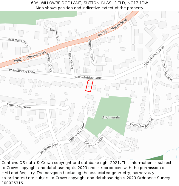 63A, WILLOWBRIDGE LANE, SUTTON-IN-ASHFIELD, NG17 1DW: Location map and indicative extent of plot