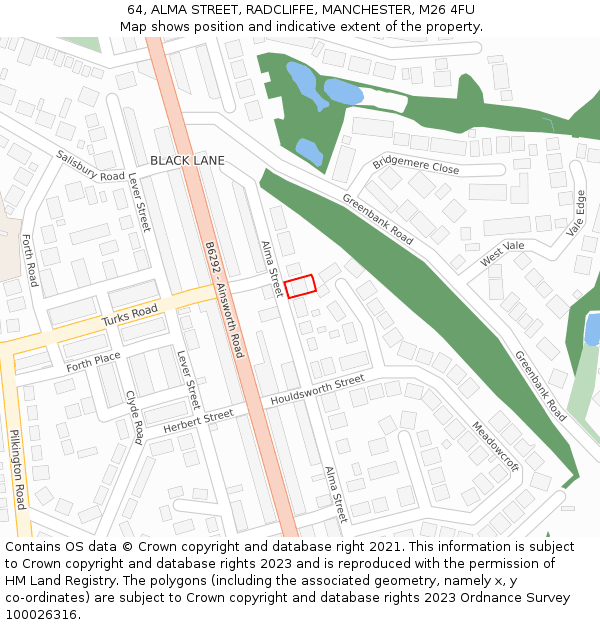 64, ALMA STREET, RADCLIFFE, MANCHESTER, M26 4FU: Location map and indicative extent of plot