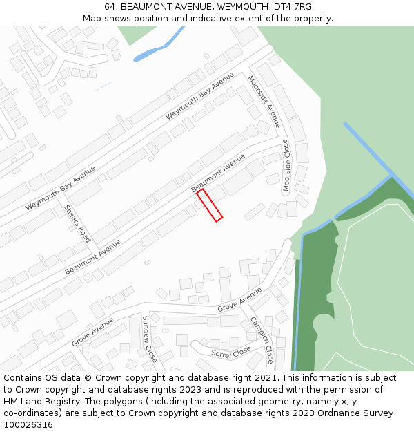 64, BEAUMONT AVENUE, WEYMOUTH, DT4 7RG: Location map and indicative extent of plot
