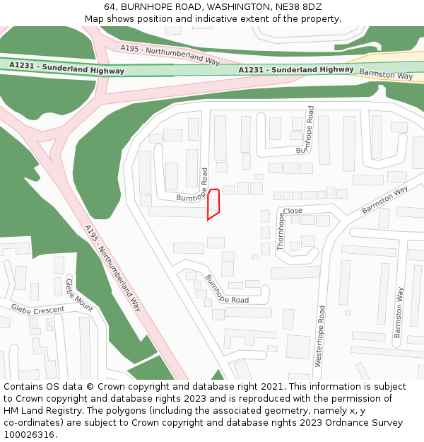 64, BURNHOPE ROAD, WASHINGTON, NE38 8DZ: Location map and indicative extent of plot