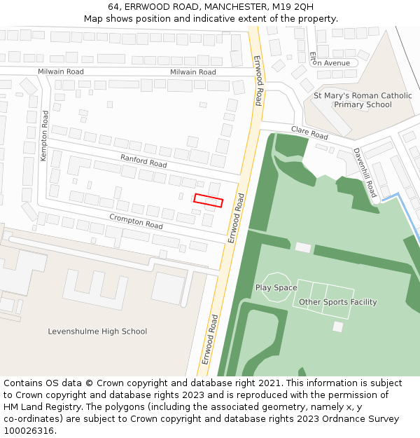 64, ERRWOOD ROAD, MANCHESTER, M19 2QH: Location map and indicative extent of plot