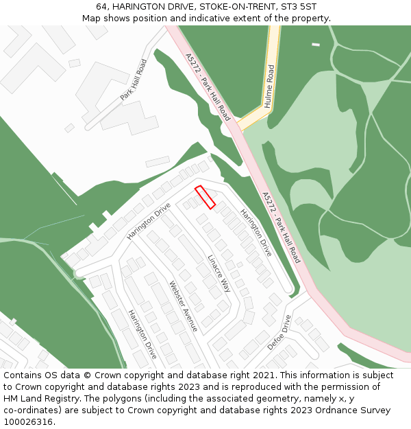 64, HARINGTON DRIVE, STOKE-ON-TRENT, ST3 5ST: Location map and indicative extent of plot