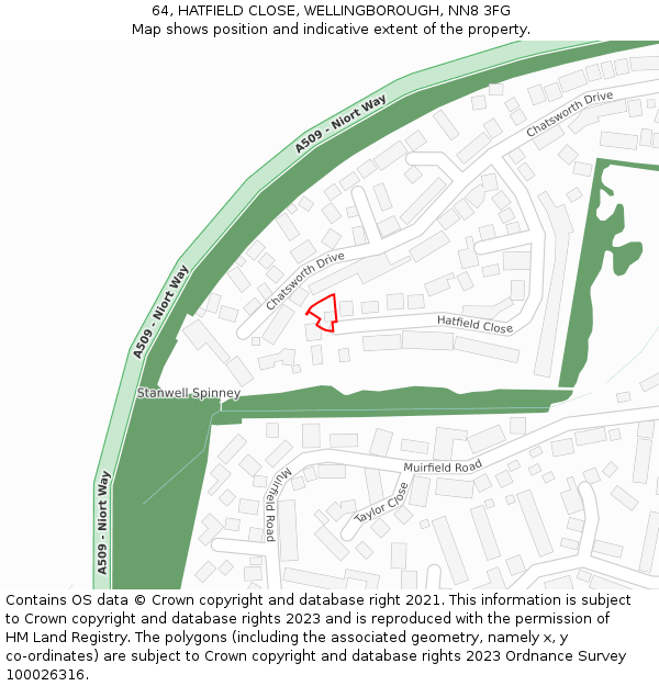 64, HATFIELD CLOSE, WELLINGBOROUGH, NN8 3FG: Location map and indicative extent of plot