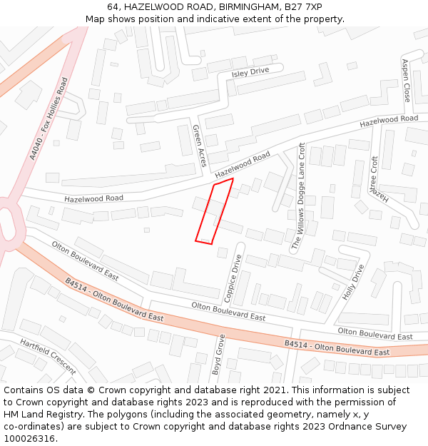 64, HAZELWOOD ROAD, BIRMINGHAM, B27 7XP: Location map and indicative extent of plot