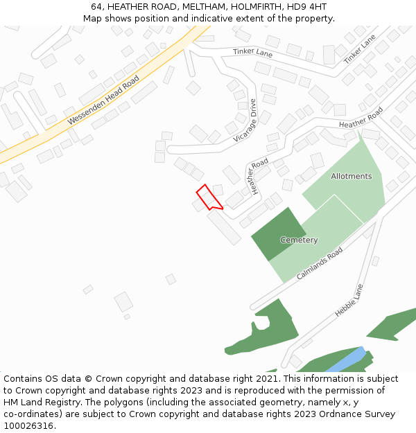 64, HEATHER ROAD, MELTHAM, HOLMFIRTH, HD9 4HT: Location map and indicative extent of plot