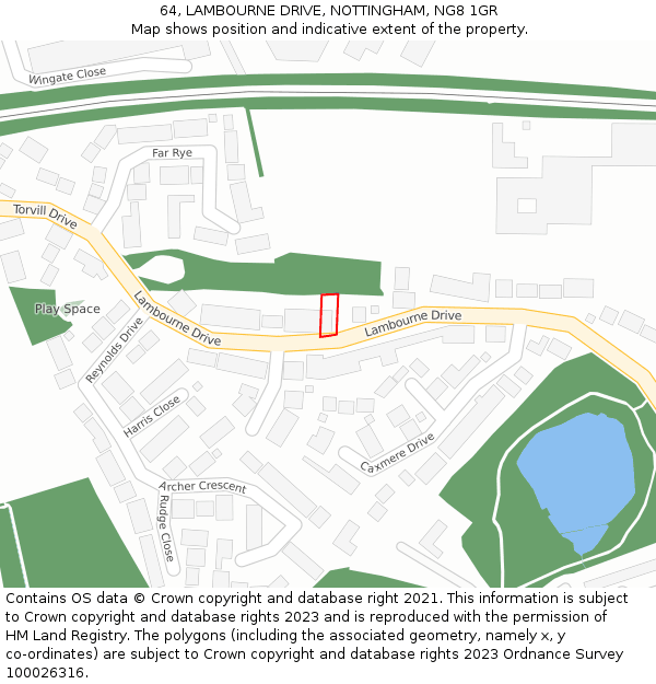 64, LAMBOURNE DRIVE, NOTTINGHAM, NG8 1GR: Location map and indicative extent of plot