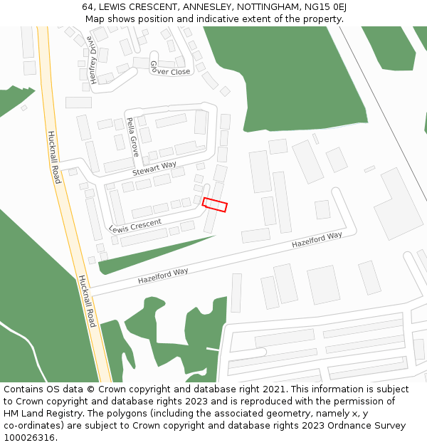64, LEWIS CRESCENT, ANNESLEY, NOTTINGHAM, NG15 0EJ: Location map and indicative extent of plot