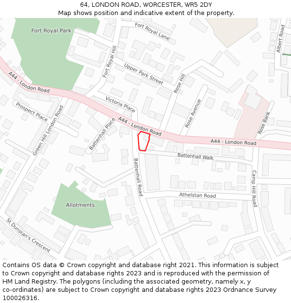 64, LONDON ROAD, WORCESTER, WR5 2DY: Location map and indicative extent of plot