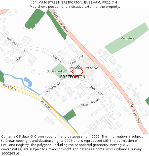 64, MAIN STREET, BRETFORTON, EVESHAM, WR11 7JH: Location map and indicative extent of plot