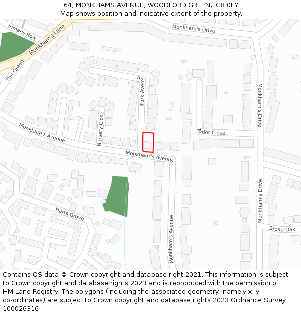 64, MONKHAMS AVENUE, WOODFORD GREEN, IG8 0EY: Location map and indicative extent of plot