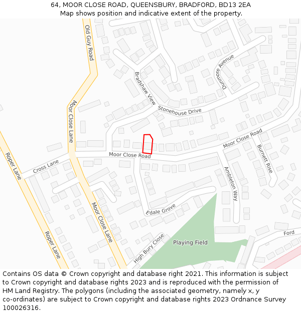 64, MOOR CLOSE ROAD, QUEENSBURY, BRADFORD, BD13 2EA: Location map and indicative extent of plot