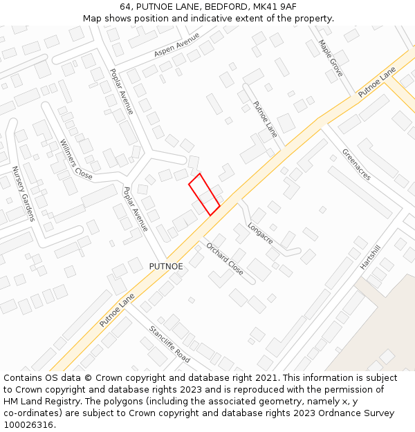 64, PUTNOE LANE, BEDFORD, MK41 9AF: Location map and indicative extent of plot