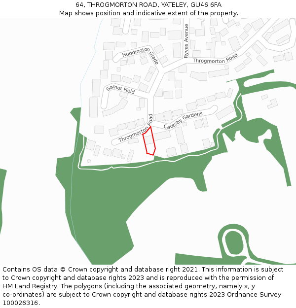 64, THROGMORTON ROAD, YATELEY, GU46 6FA: Location map and indicative extent of plot