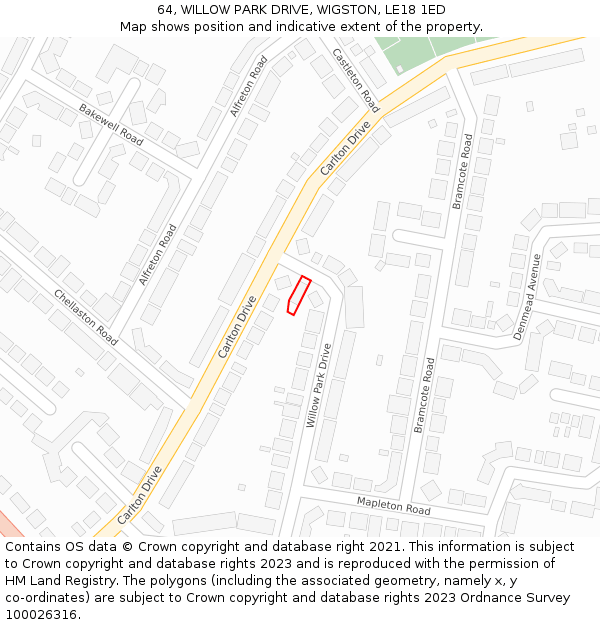 64, WILLOW PARK DRIVE, WIGSTON, LE18 1ED: Location map and indicative extent of plot