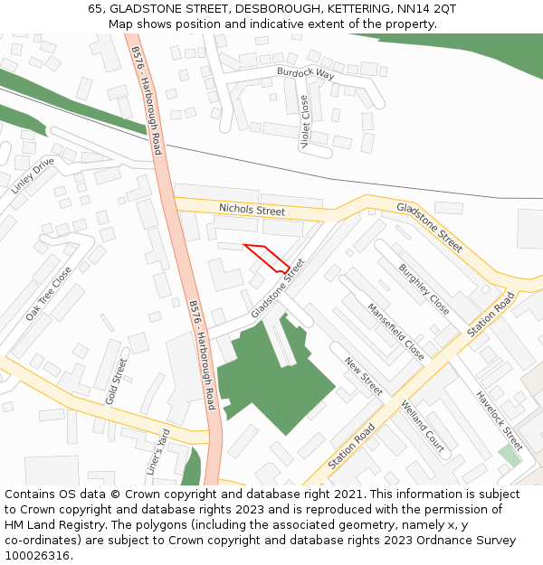 65, GLADSTONE STREET, DESBOROUGH, KETTERING, NN14 2QT: Location map and indicative extent of plot