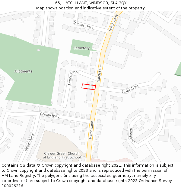 65, HATCH LANE, WINDSOR, SL4 3QY: Location map and indicative extent of plot