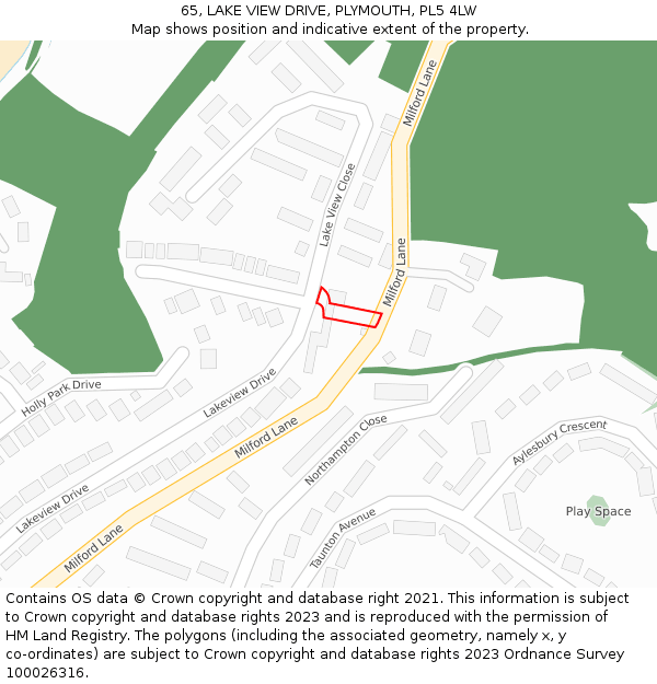 65, LAKE VIEW DRIVE, PLYMOUTH, PL5 4LW: Location map and indicative extent of plot