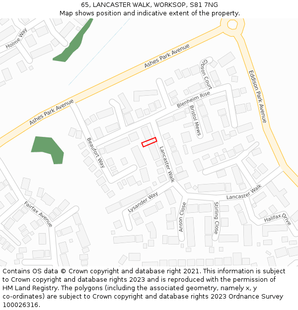 65, LANCASTER WALK, WORKSOP, S81 7NG: Location map and indicative extent of plot