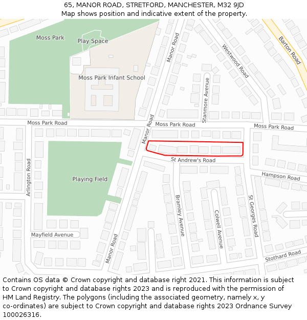 65, MANOR ROAD, STRETFORD, MANCHESTER, M32 9JD: Location map and indicative extent of plot