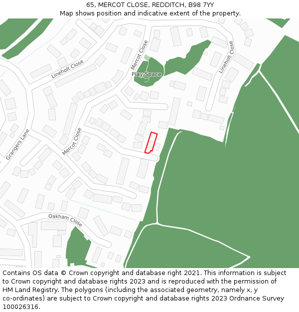 65, MERCOT CLOSE, REDDITCH, B98 7YY: Location map and indicative extent of plot