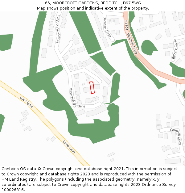 65, MOORCROFT GARDENS, REDDITCH, B97 5WG: Location map and indicative extent of plot