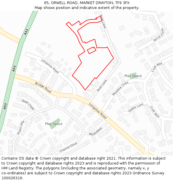 65, ORWELL ROAD, MARKET DRAYTON, TF9 3FX: Location map and indicative extent of plot