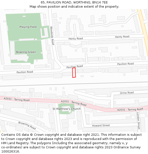 65, PAVILION ROAD, WORTHING, BN14 7EE: Location map and indicative extent of plot