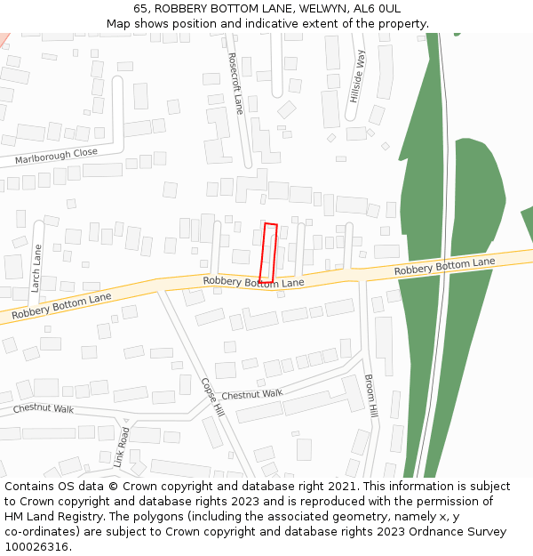 65, ROBBERY BOTTOM LANE, WELWYN, AL6 0UL: Location map and indicative extent of plot