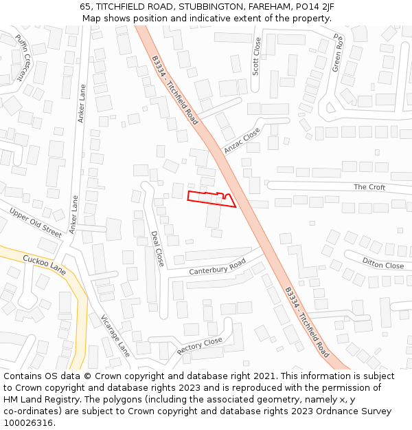 65, TITCHFIELD ROAD, STUBBINGTON, FAREHAM, PO14 2JF: Location map and indicative extent of plot